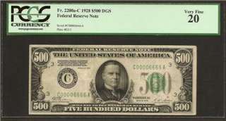 1928 $500 Five Hundred Dollar Bill Note Serial Number C00006666A PCGS 