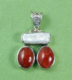   the Water Genuine Biwa Pearl & Red Coral Pendant 925 Sterling Silver