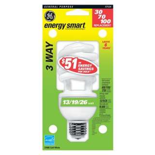 GE Energy Smart 13 /19 /26 Watt 3 Way Long Life Soft White CFL Light 