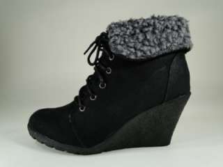 New Womens Black/Gray Faux Fur Cuff Ankle High Wedge Boots Sz 7 #F53 