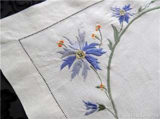Vintage Irish Linen Tablecloth Stunning Blue Flower Embroidery  