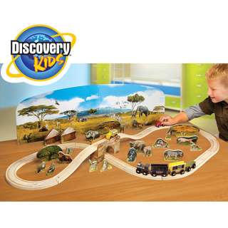 Discovery Kids Wild Safari Train Tracks 63 Pc Wooden Toy Railroad Set 