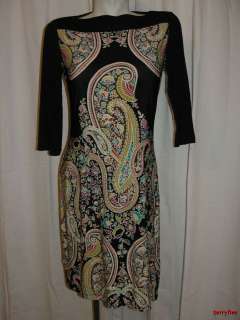   MICHELE Black Brown Olive Paisley Motif 3/4 Sleeve Dress Size L  