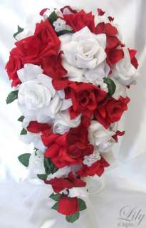 21 pcs Wedding Cascade Bridal Bouquet Flower RED WHITE  