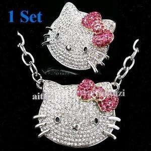   Quality Hello Kitty Crystal Pink Bow Ring & Necklace Set Xmas Gift M35