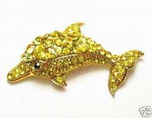 DOLPHIN YELLOW SWAROVSKI RHINESTONE BROOCH PIN  