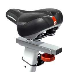 The bike includes an adjustable, ergonomic seat that disperses weight 