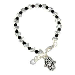    Silvertone and Black Hamsa Hand Heart Charm Bracelet Jewelry