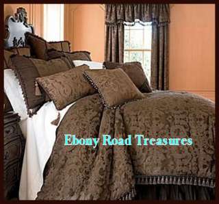   12 Queen Chris Madden Brown Damask Comforter Set BONUS Euro Pillows