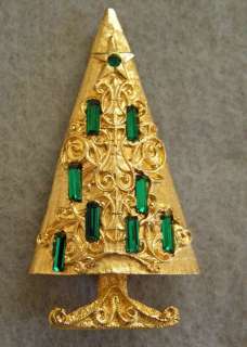 Vintage MYLU Cathedral Christmas Tree Brooch Pin Emerald Green 