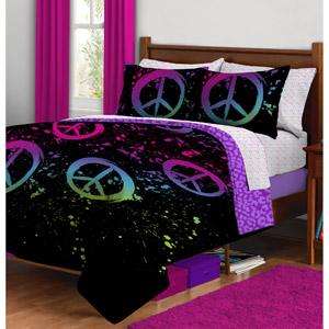 FULL Black Purple Teen PEACE SIGN Comforter Bedding Set  