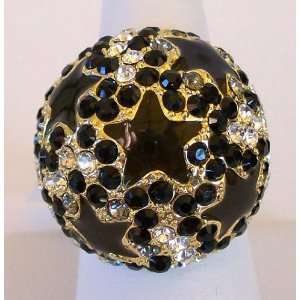   Ring Dome Gold Plated Dark Brown Enamel (Stars), with Crystal Stones