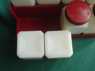 ANTIQUE RED & WHITE MILK GLASS S&P SPICE SET & RACK OLD  