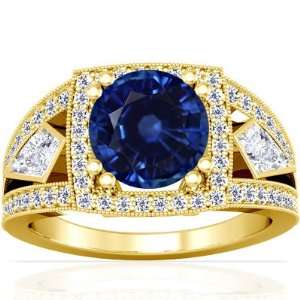 18K Yellow Gold Round Cut Blue Sapphire Ring With Sidestones (GIA 