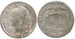 Quito, Ecuador, 4 reales, 1862. KM 41. 12.6 grams. Fine+ with a few 