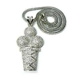 Silver Iced Out Gucci Mane Ice Cream Pendant with a 36 Inch Franco 