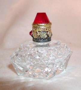 CZECH Mini Perfume Bottle   With Red Rhinestone on Cap 1 3/4 Tall 