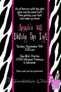 Girls Spa Day/Makeover Party Invitations~Zebra Print  
