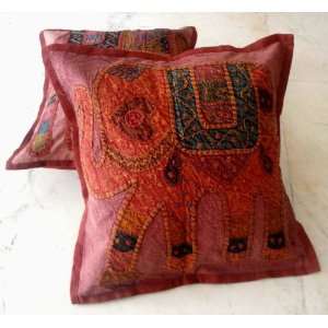  2 Red Handcrafted Applique Patchwork Ethnic Indian Elephant 