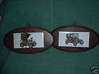Vintage Oval Tile and Wood Plaques Wall Hangings Old Cars Paintings 