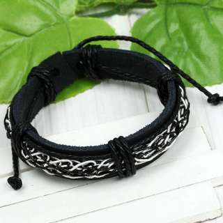 Black PU Leather Bold Braided Unisex Adjustable Bracelet Wristband 