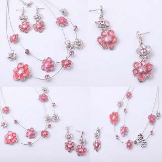 Pink Ladys Rhinestone Flowers Necklace Earrings Sets NC12  