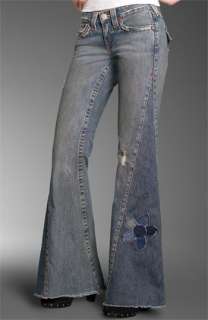 True Religion Brand Jeans Jill Rigid Flare Jeans with Flower Patch 