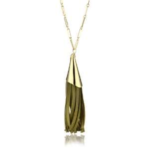  Nugaard Ipanema Olive Leather and Metal Tassel Necklace 