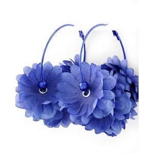    Blue Tone Blue Fabric Flower 2.5 Hoop Clip Back Earrings Jewelry