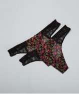 Betsey Johnson set of 2   raven black floral print stretch mesh thongs 