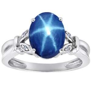 CandyGem 14k Gold Lab Created Oval Star Sapphire and Diamonds Ring 