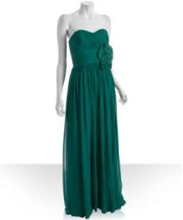 Notte by Marchesa green silk chiffon rosette strapless gown   