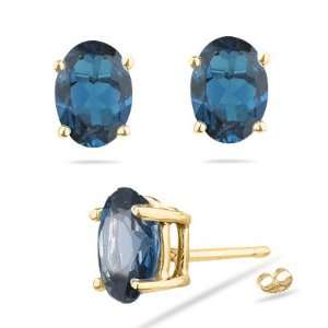   Oval Shape London Blue Topaz Stud Earrings in 18K Yellow Gold Jewelry