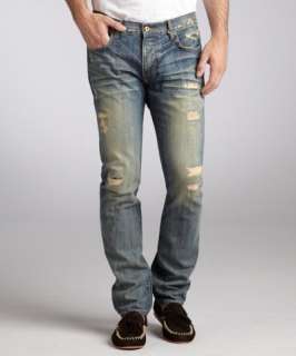 Second Sunday medium blue distressed cotton denim slim fit jeans