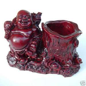 Laughing Buddha Hotei Pencil Holder Vase Faux Rosewood  