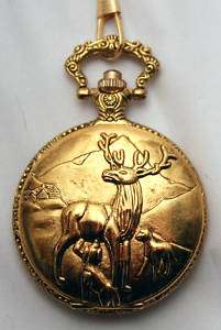 Classical Pocket Watch w Chain   Engraved Hunted Deer  