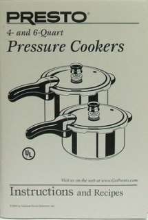 Presto 4 & 6 qt. Pressure Cooker Instruction Book New  