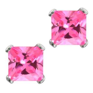  925 Sterling Silver Pink CZ Princess Square Stud Earrings 6MM  