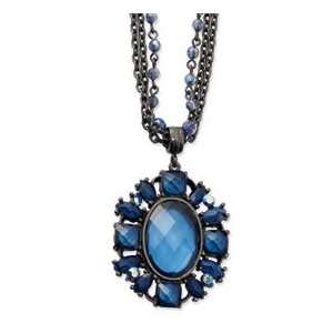    Black plated Blue Crystal Oval Pendant 22in Necklace Jewelry