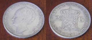   1937 2 1/2 GULDEN COIN. WILHELMINA QUEEN. MORE DUTCH COINS IN SHOP