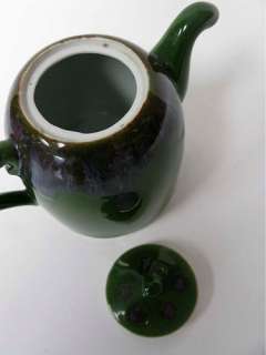  Ceramic Art Pottery Tea Pot Mini Personal Green Drip Painted   