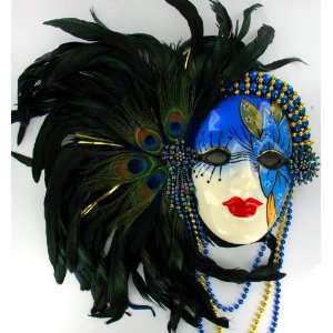   Blue Wall Mount Face Mask Peacock Feathers Lady Gift