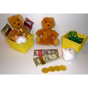   Dollar Chocolate Bars & 4 Coins And Plush Teddy Bear Stuffed Animal