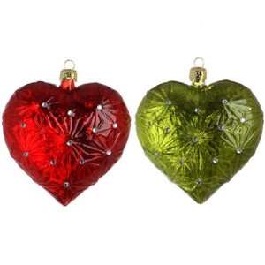  Set of Two Heart Shape Glass Christmas Ornaments