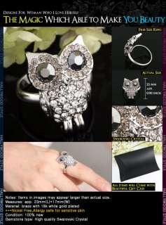 Antique OWL Use SWAROVSKI Crystal Adjustable Ring R004  