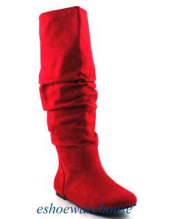 Cutie Chic Slouch Comfy Flat Knee Boots Suede Red  