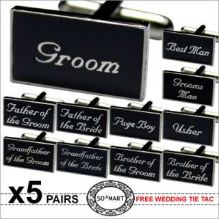 set Black w Silver Text Wedding Cufflinks Free TieTac  