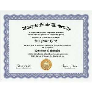 Unicycle Unicycles Unicyclist Degree Custom Gag Diploma Doctorate 