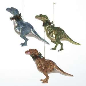 New   Pack of 6 Dinosaurs Wearing Wreaths Glass Christmas Ornaments 5 